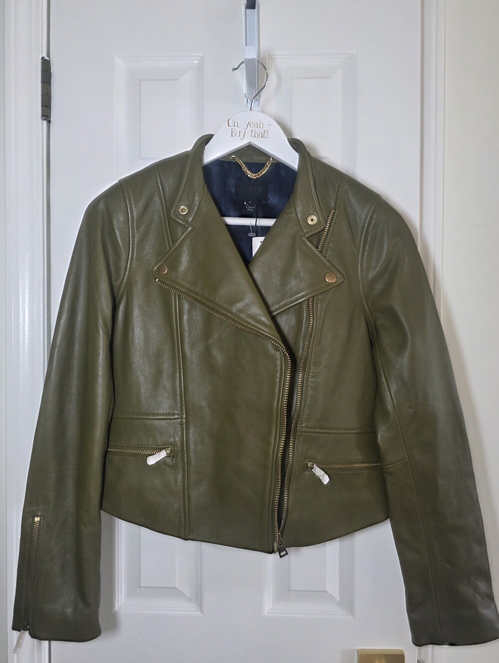NEW J Crew Collection Olive Green Leather Moto Jacket Size 4 Gold Hardware Lined